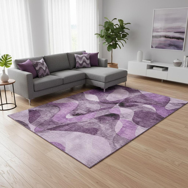 10' X 14' Purple And Ivory Abstract Washable Area Rug With UV Protection