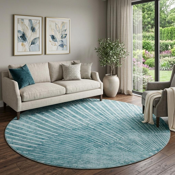 8' Teal And Ivory Geometric Washable Round Rug With UV Protection