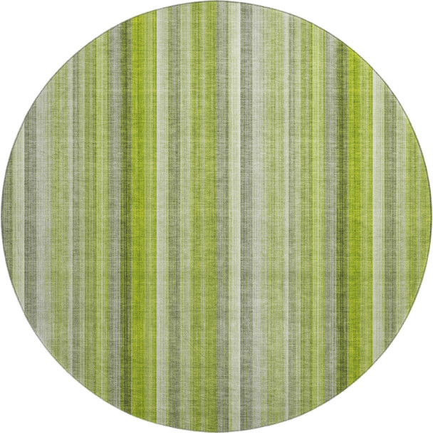 8' Green And Ivory Striped Washable Round Rug With UV Protection