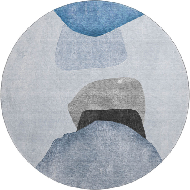 8' Blue And Gray Abstract Washable Round Rug With UV Protection