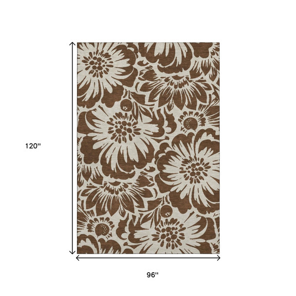 8' X 10' Brown And Ivory Floral Washable Area Rug With UV Protection