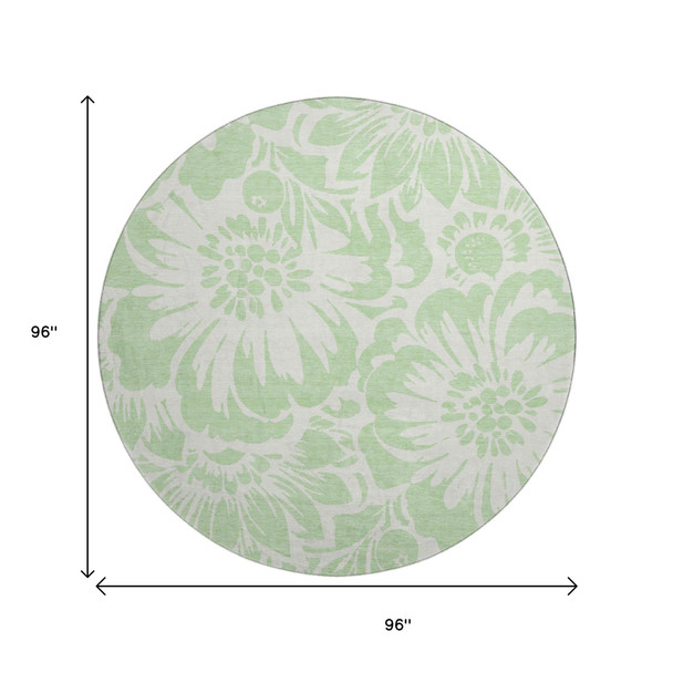 8' Mint Green And Ivory Floral Washable Round Rug With UV Protection