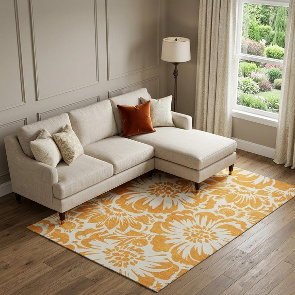 8' X 10' Orange And Ivory Floral Washable Area Rug With UV Protection