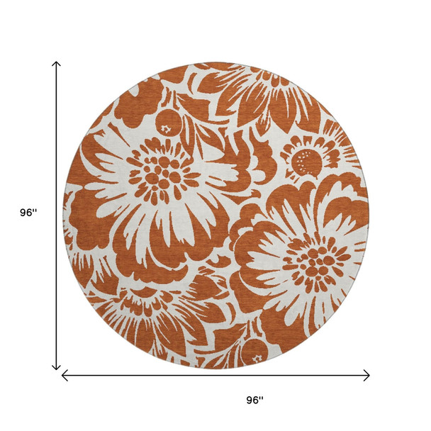 8' Rust And Ivory Floral Washable Round Rug With UV Protection