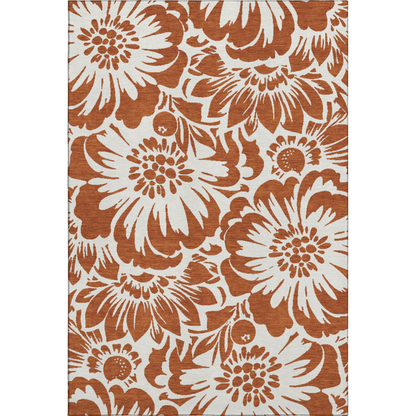 9' X 12' Rust And Ivory Floral Washable Area Rug With UV Protection
