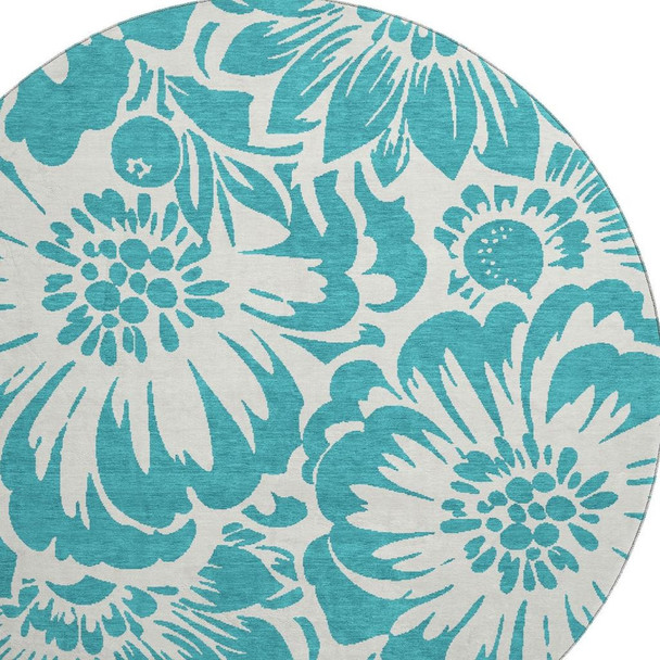 8' Teal And Ivory Floral Washable Round Rug With UV Protection