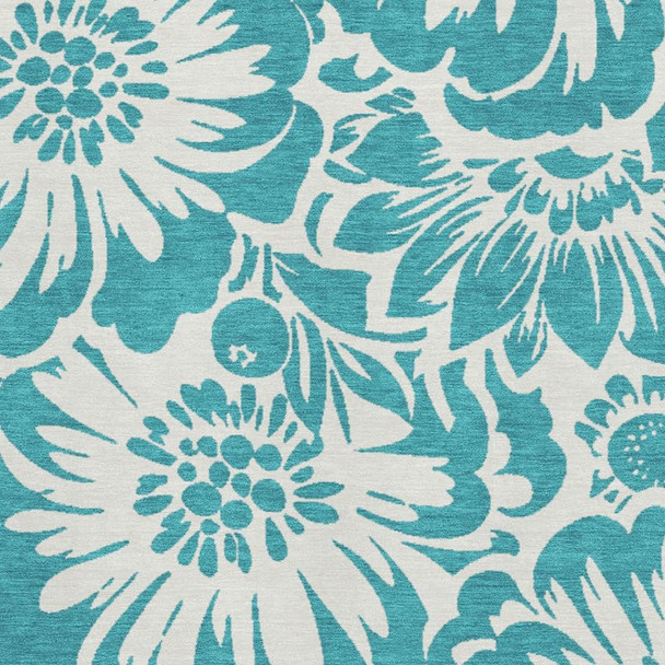 8' X 10' Teal And Ivory Floral Washable Area Rug With UV Protection