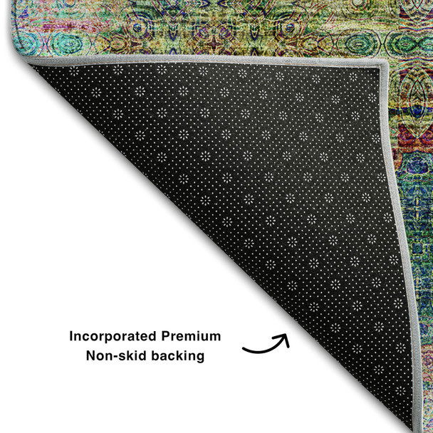 8' X 10' Green Blush And Teal Floral Medallion Distressed Washable Area Rug With UV Protection