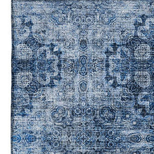 5' X 8' Navy Blue And Ivory Floral Medallion Distressed Washable Area Rug With UV Protection