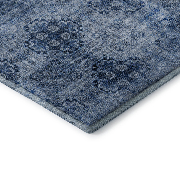 8' Navy Blue And Ivory Floral Medallion Distressed Washable Round Rug With UV Protection