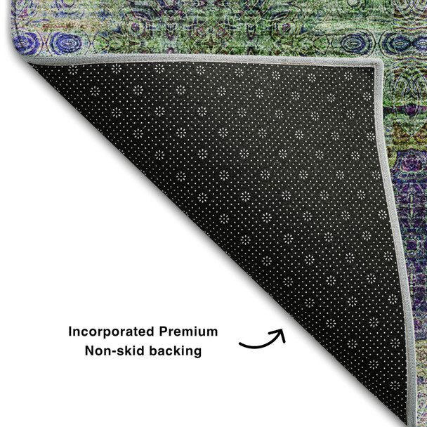 9' X 12' Purple Green And Ivory Floral Medallion Distressed Washable Area Rug With UV Protection