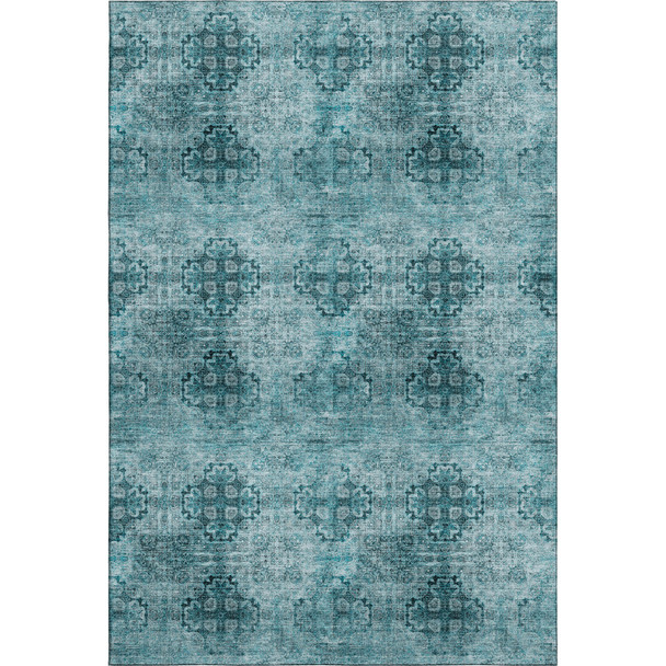 5' X 8' Teal And Ivory Floral Medallion Distressed Washable Area Rug With UV Protection