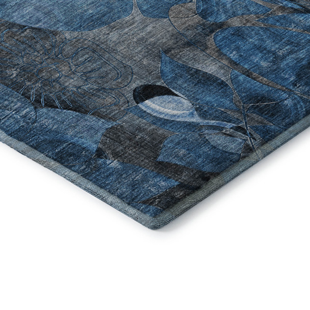 8' Blue Ivory And Gray Abstract Distressed Washable Round Rug With UV Protection
