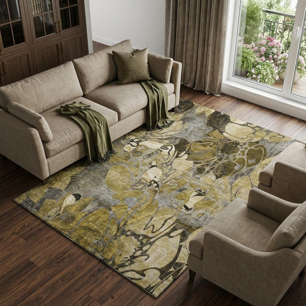 10' X 14' Brown Beige And Gold Abstract Distressed Washable Area Rug With UV Protection