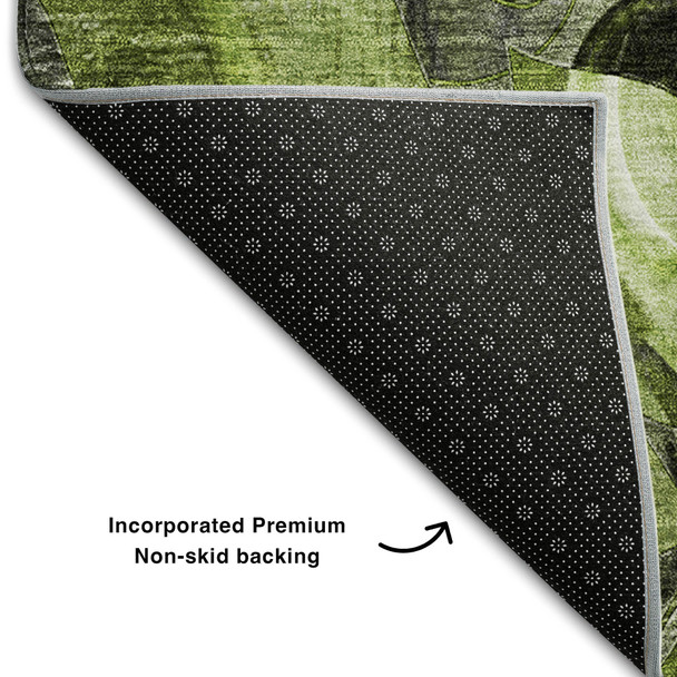 5' X 8' Fern Green And Gray Abstract Distressed Washable Area Rug With UV Protection
