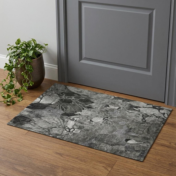 3' X 5' Gray And Ivory Abstract Distressed Washable Area Rug With UV Protection