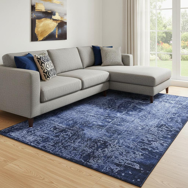 10' X 14' Navy Blue And Ivory Abstract Washable Area Rug With UV Protection