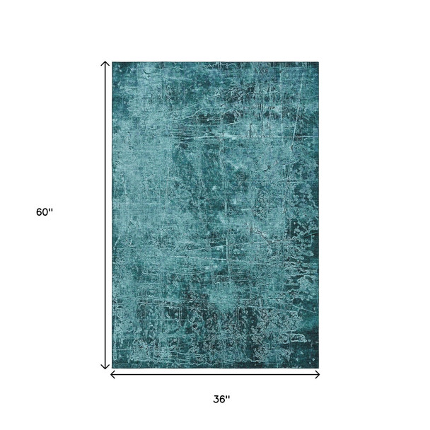 3' X 5' Teal And Ivory Abstract Washable Area Rug With UV Protection