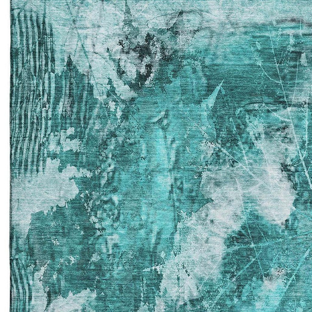 3' X 5' Teal And Ivory Floral Washable Area Rug With UV Protection
