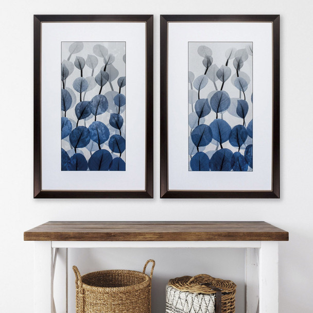 Set Of Two Blue Leaves Brown Framed Wall Art