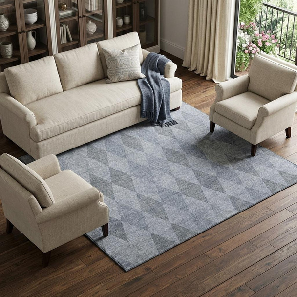 8' X 10' Denim Blue And Ivory Geometric Washable Area Rug With UV Protection
