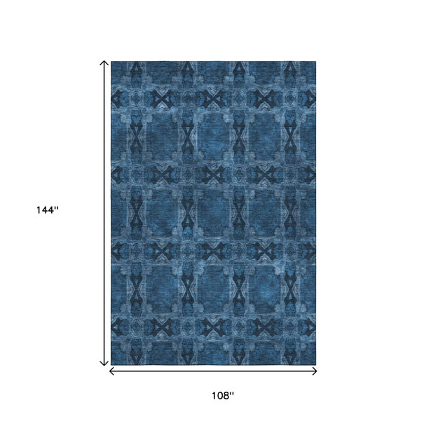 9' X 12' Navy Blue And Gray Floral Medallion Washable Area Rug With UV Protection