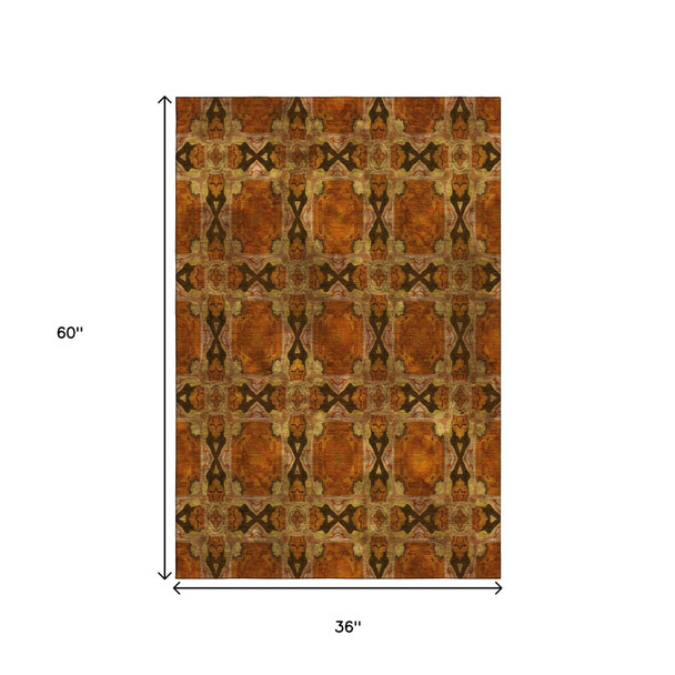 3' X 5' Rust Copper And Gold Floral Medallion Washable Area Rug With UV Protection