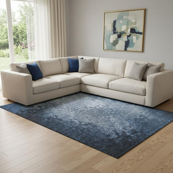 9' X 12' Blue And Ivory Abstract Washable Area Rug With UV Protection