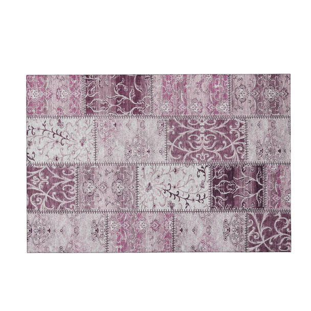 3' X 5' Burgundy And Ivory Patchwork Distressed Washable Area Rug With UV Protection