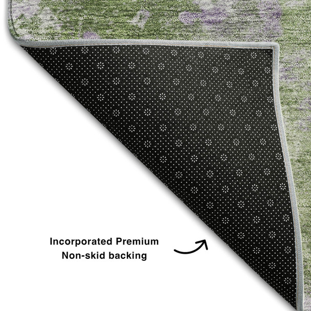 8' Green And Ivory Abstract Washable Round Rug With UV Protection