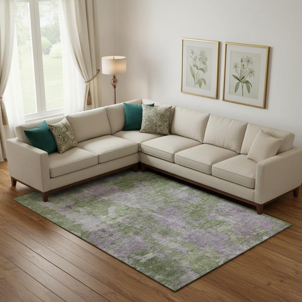 10' X 14' Green And Ivory Abstract Washable Area Rug With UV Protection