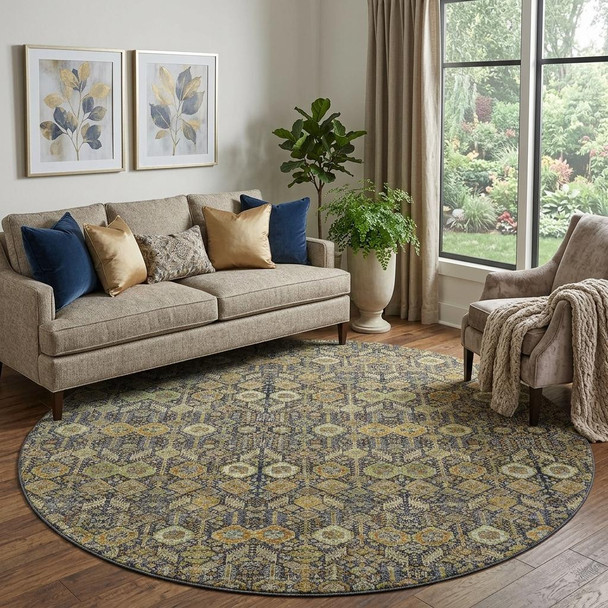 8' Rust Green And Gray Tribal Washable Round Rug With UV Protection