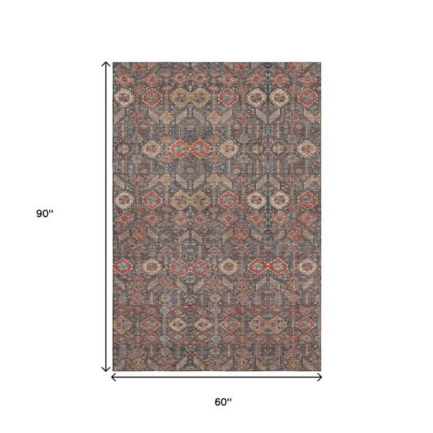 5' X 8' Red Gold And Gray Tribal Washable Area Rug With UV Protection