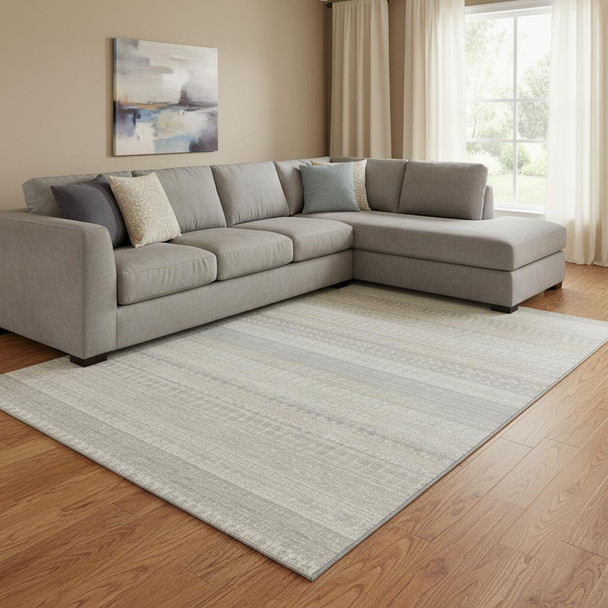 10' X 14' Ivory And Beige Striped Washable Area Rug With UV Protection