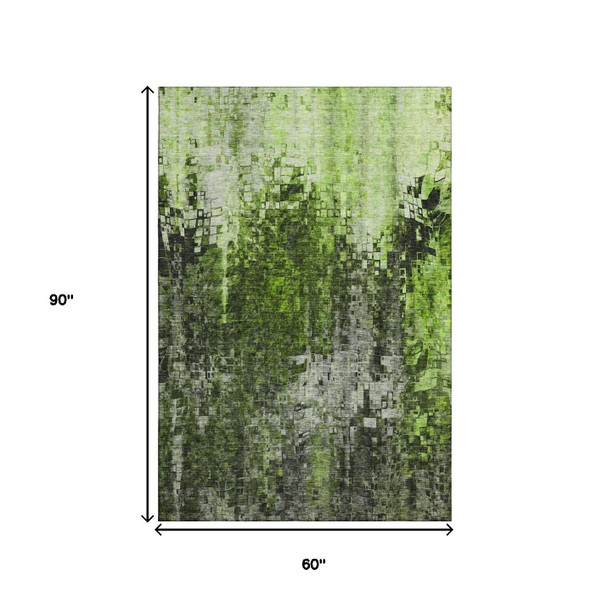 5' X 8' Green And Gray Abstract Washable Area Rug With UV Protection