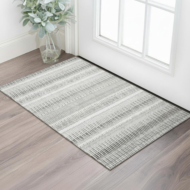 3' X 5' Ivory And Gray Striped Washable Area Rug With UV Protection
