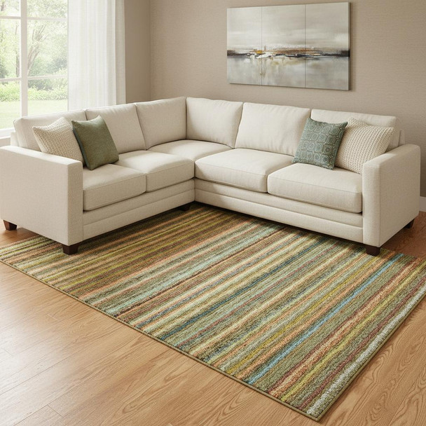 10' X 14' Coral Green And Blue Striped Washable Area Rug With UV Protection