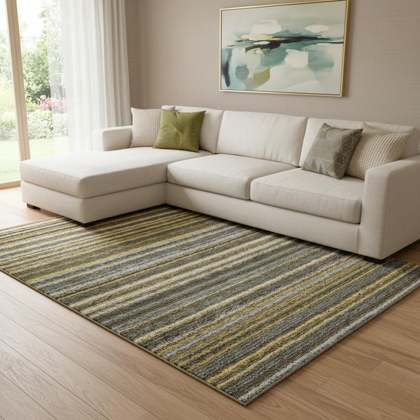 10' X 14' Gold Ivory And Gray Striped Washable Area Rug With UV Protection