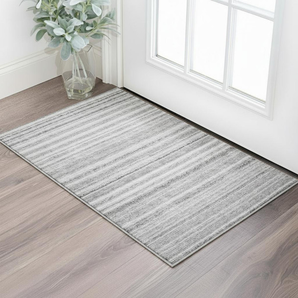 3' X 5' Gray And Silver Striped Washable Area Rug With UV Protection