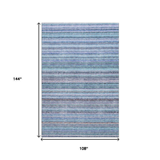 9' X 12' Sky Blue And Gray Striped Washable Area Rug With UV Protection