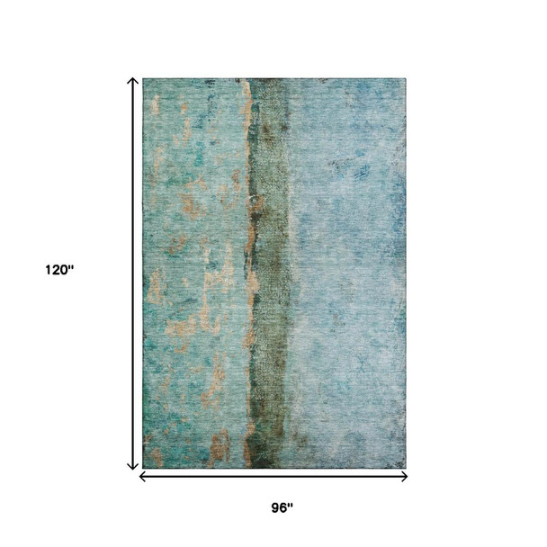 8' X 10' Blue Gold And Green Abstract Washable Area Rug With UV Protection