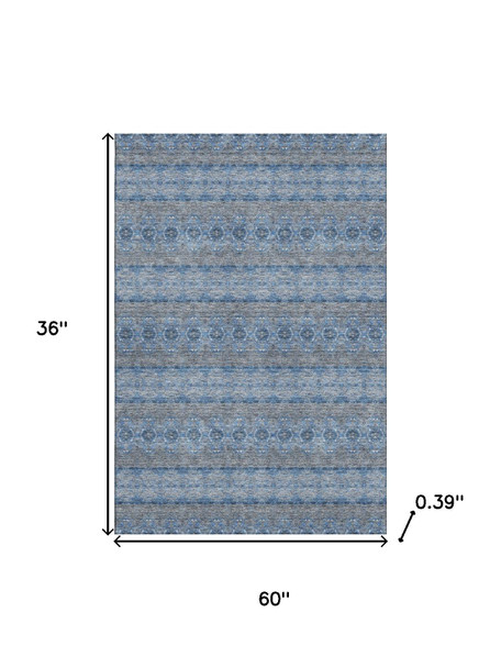 3' X 5' Navy Blue Gray And Ivory Floral Medallion Washable Area Rug With UV Protection