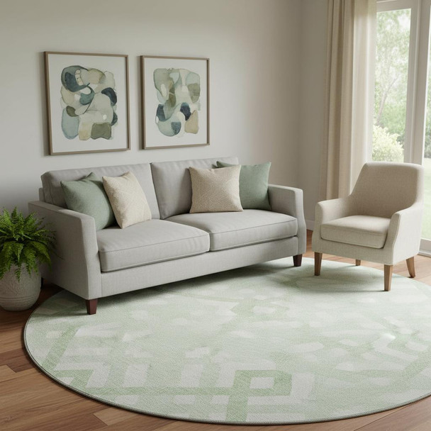 8' Mint Green And Ivory Geometric Washable Round Rug With UV Protection