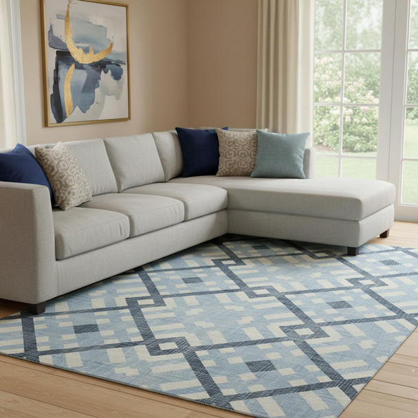 8' X 10' Sky Blue And Ivory Geometric Washable Area Rug With UV Protection