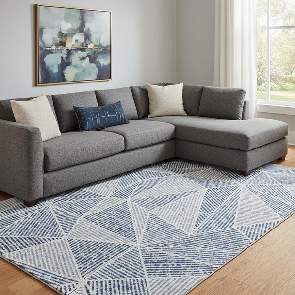 10' X 14' Navy Blue And Ivory Geometric Washable Area Rug With UV Protection
