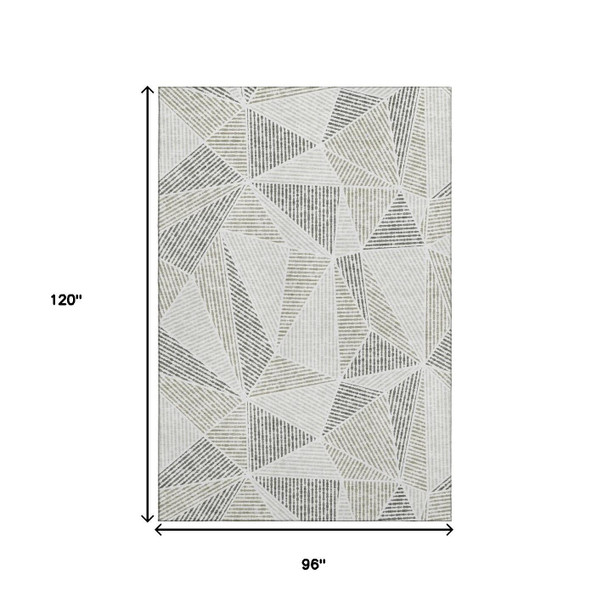 8' X 10' Taupe And Silver Geometric Washable Area Rug With UV Protection