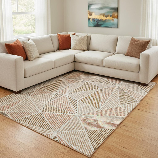 9' X 12' Terra Cotta And Beige Geometric Washable Area Rug With UV Protection