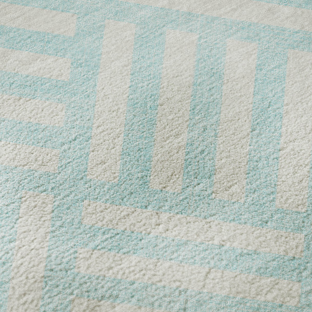 10' X 14' Aqua And Ivory Geometric Washable Area Rug With UV Protection