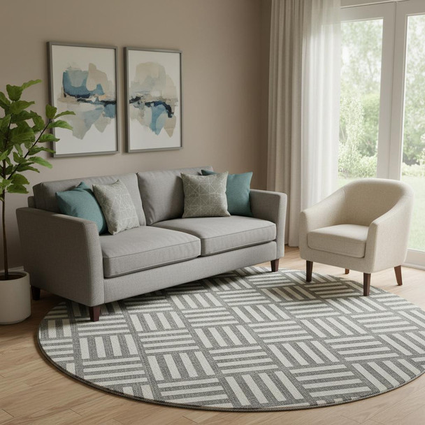 8' Charcoal And Ivory Geometric Washable Round Rug With UV Protection