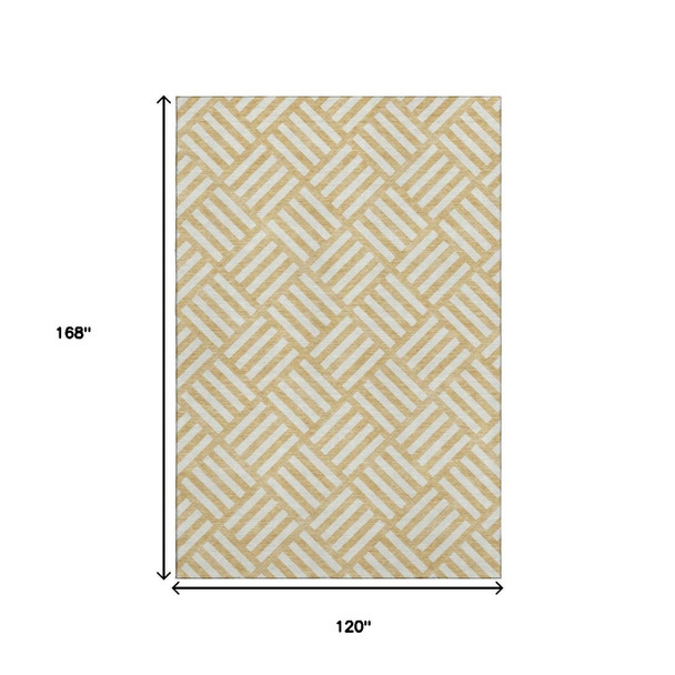 10' X 14' Gold And Ivory Geometric Washable Area Rug With UV Protection